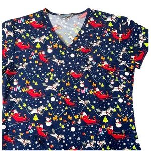 Serene Uniforms Womens Scrub Top L Blue S/S Festive Christmas Santa Unicorns